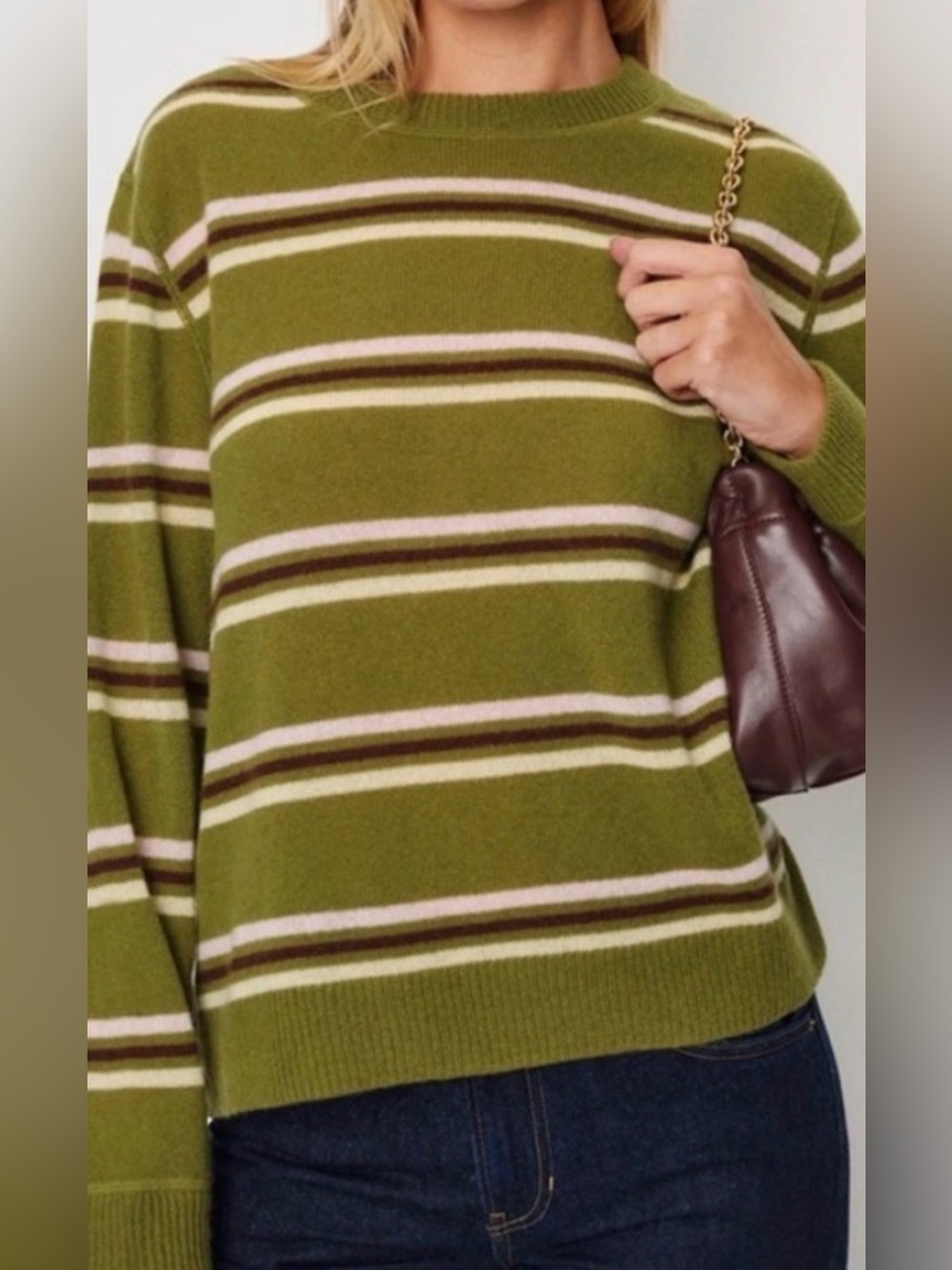 Reformation Boyfriend Olive Green Striped Crewneck Sweater Large EUC